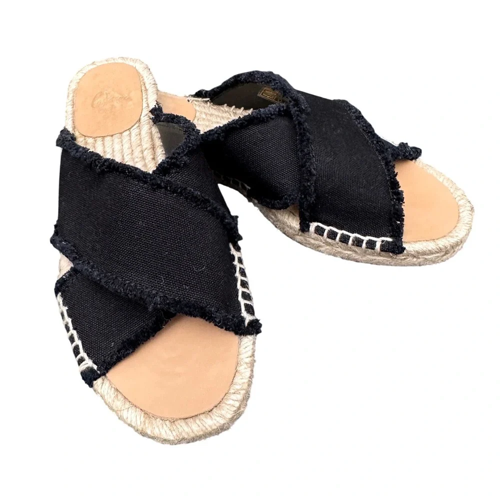 Castaner Palmera Espadrille Slide Frayed Canvas Crossover Black Size 7 Sandals